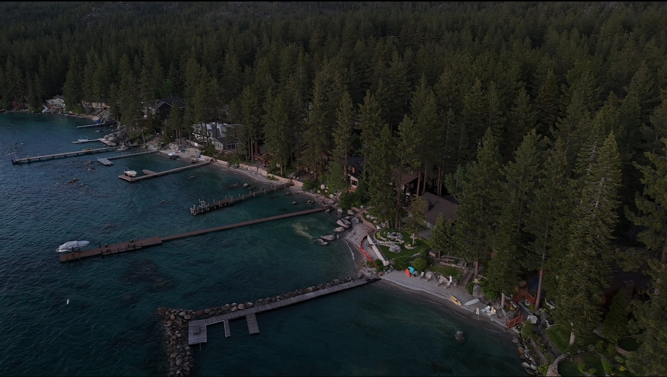 Marina and waterfront docks aerial shot
